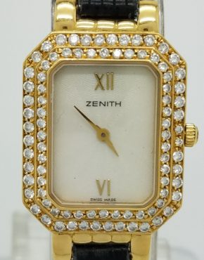 ZENITH	LADIES 18K 		WHITE	Solid Gold	Genuine Leather	20MM	DIAMOND		Quartz (Battery)	Watch