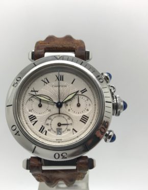 CARTIER PASHA 1050 CHRONOGRAPH STEEL LEATHER QUARTZ WATCH 38MM