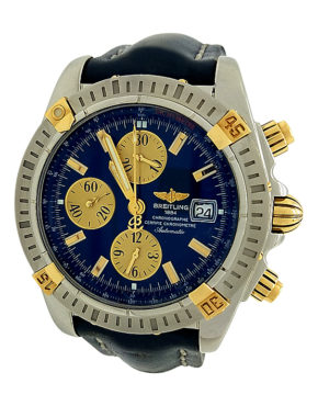 BREITLING CHRONOMAT EVOLUTION B13356 18K & STEEL BLUE LEATHER AUTOMATIC CHRONOGRAPH MENS WATCH