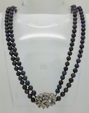 BLACK PEARLS DOUBLE STRAND WITH SAPPHIRES AND DIAMONDS LOCK OR BROOCH
