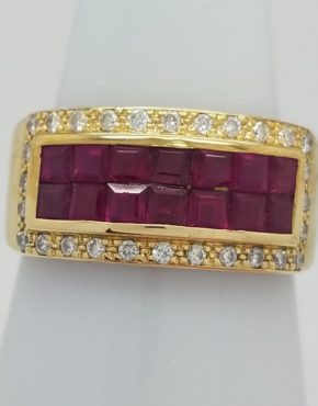 Princess Cut Rubies and Round Cut Diamonds 18k Yellow Gold