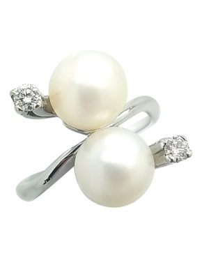 Pearl & 0.10ct Round Diamonds Bypass 18k White Gold Ring
