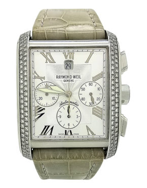 Raymond Weil Don Giovanni Diamond Bezel White Roman Dial Grey Leather Automatic Chrono Watch 4875