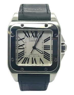 CARTIER SANTOS 100 STEEL MENS AUTOMATIC 2656 38MM WATCH BLACK LEATHER