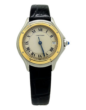 Ladies Cartier Cougar Stainless Steel Black Leather Strap Watch 1190